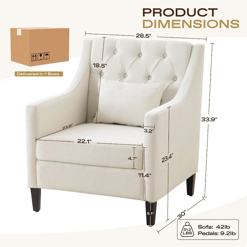 Fauteuil d'appoint capitonné en tissu avec coussin lombaire – Beige