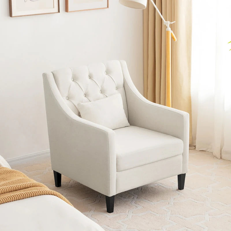 Fauteuil d'appoint capitonné en tissu avec coussin lombaire – Beige