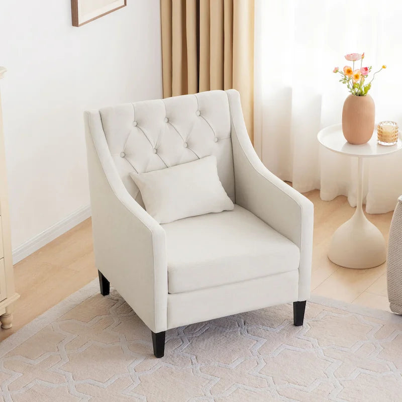 Fauteuil d'appoint capitonné en tissu avec coussin lombaire – Beige