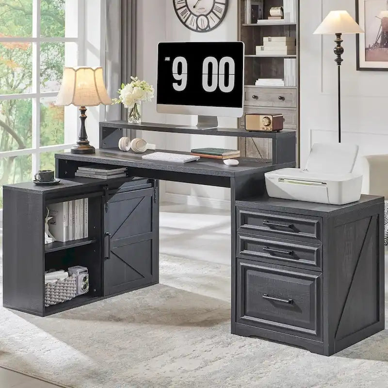 Bureau de style ferme avec classeur, support d'écran et station de charge — 168,4 cm L