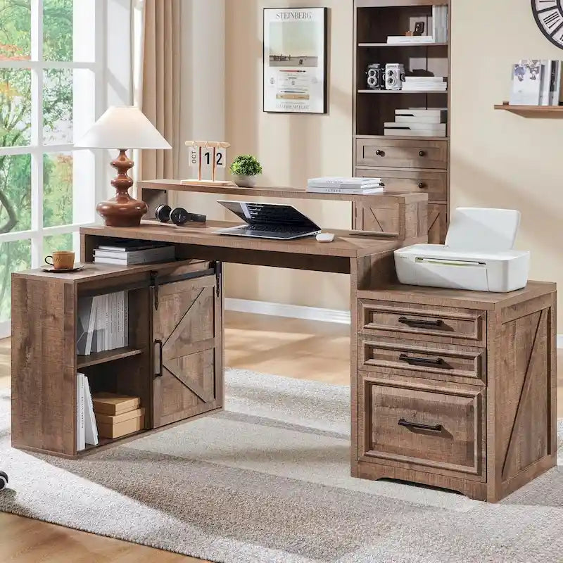 Bureau de style ferme avec classeur, support d'écran et station de charge — 168,4 cm L