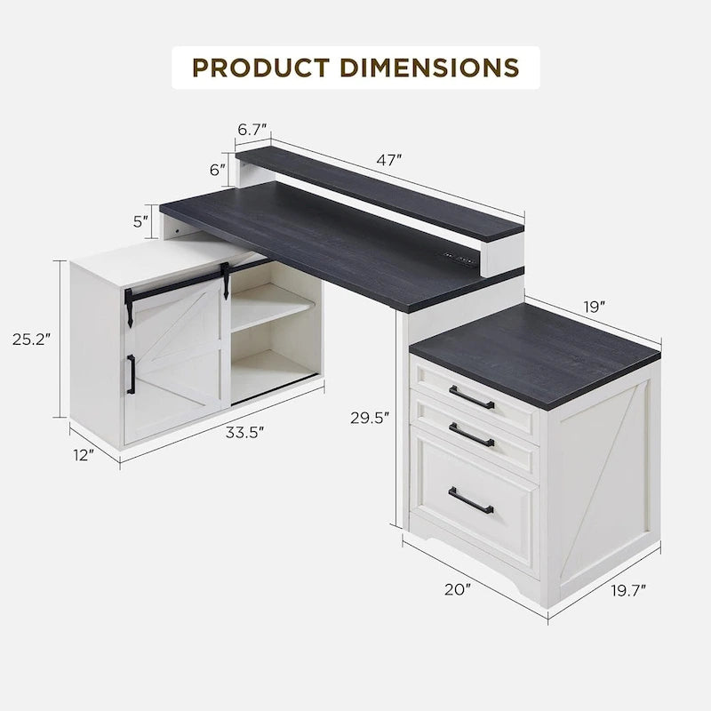 Bureau de style ferme avec classeur, support d'écran et station de charge — 168,4 cm L