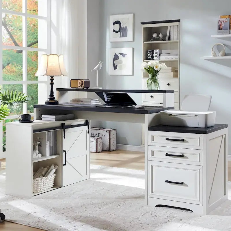 Bureau de style ferme avec classeur, support d'écran et station de charge — 168,4 cm L