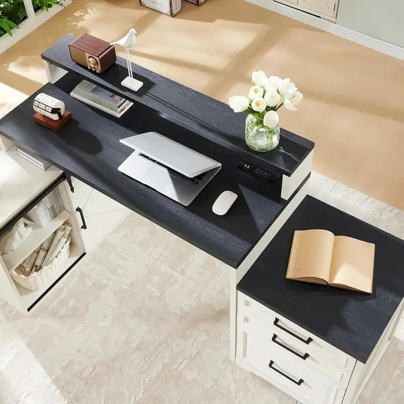 Bureau de style ferme avec classeur, support d'écran et station de charge — 168,4 cm L