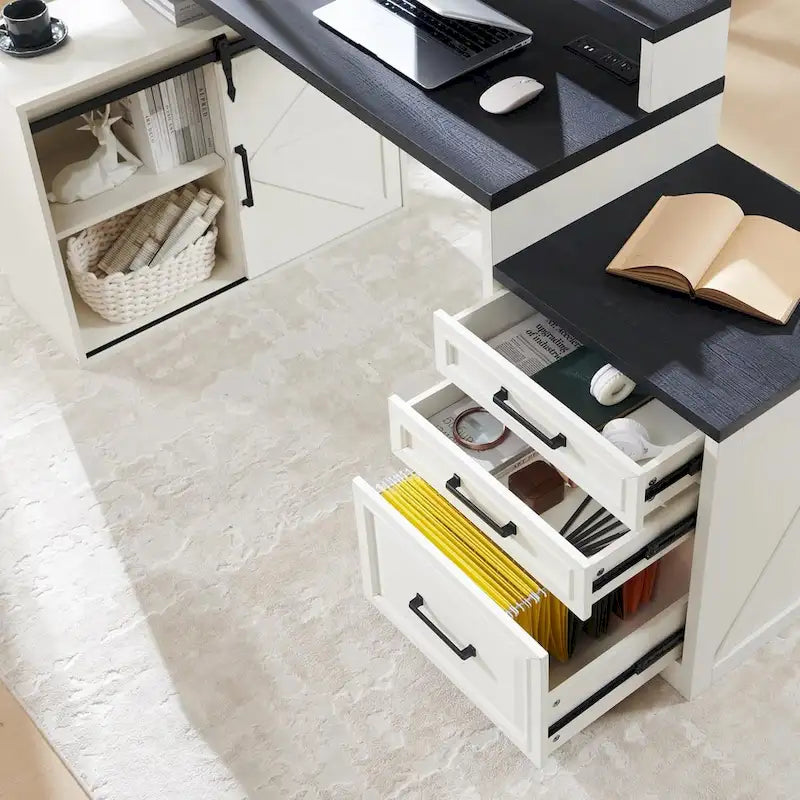 Bureau de style ferme avec classeur, support d'écran et station de charge — 168,4 cm L