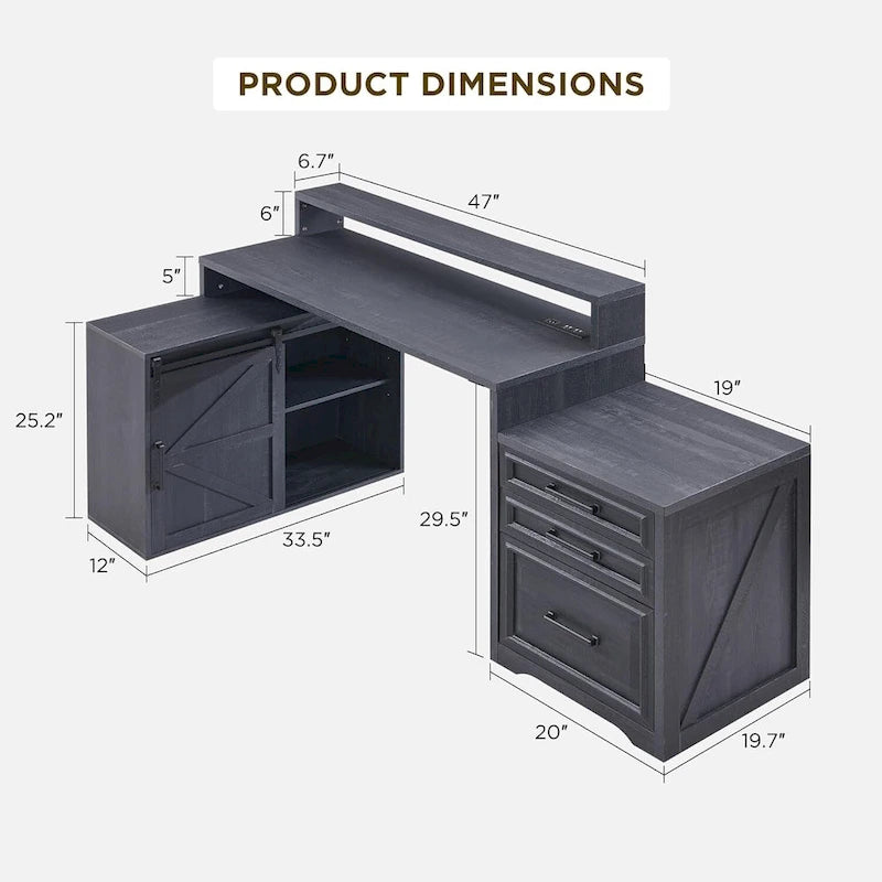 Bureau de style ferme avec classeur, support d'écran et station de charge — 168,4 cm L