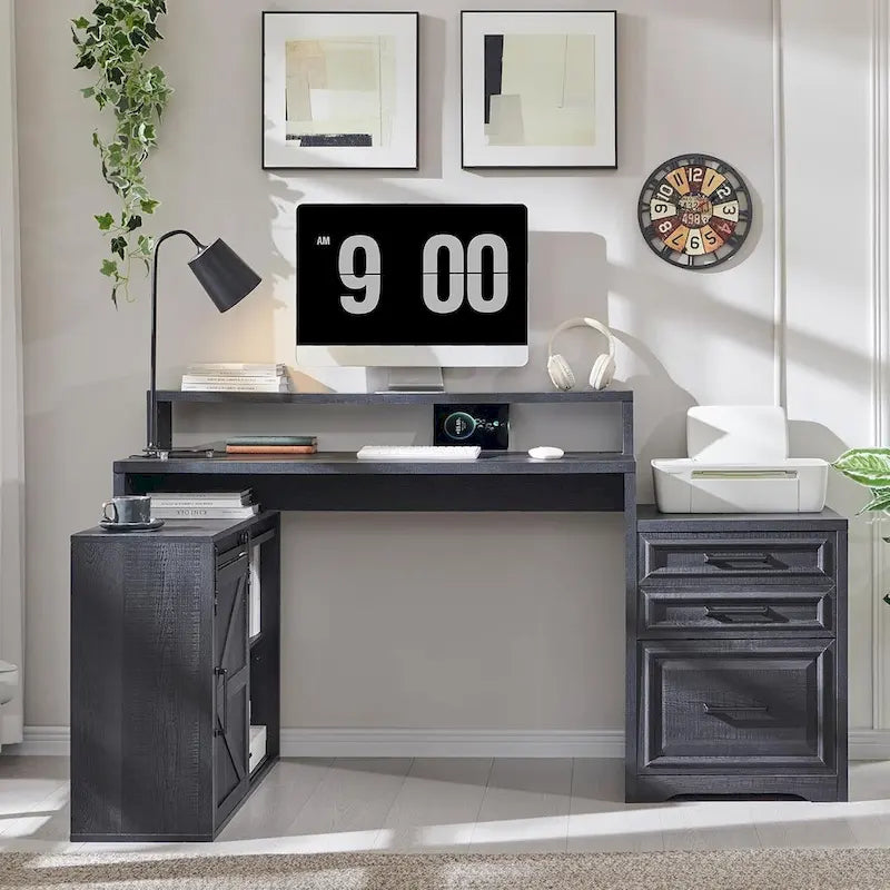 Bureau de style ferme avec classeur, support d'écran et station de charge — 168,4 cm L