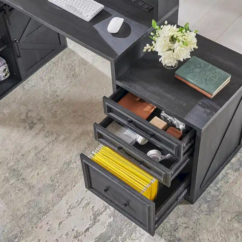 Bureau de style ferme avec classeur, support d'écran et station de charge — 168,4 cm L