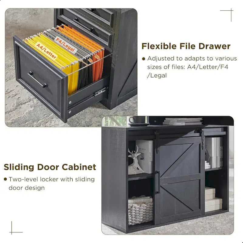 Bureau de style ferme avec classeur, support d'écran et station de charge — 168,4 cm L