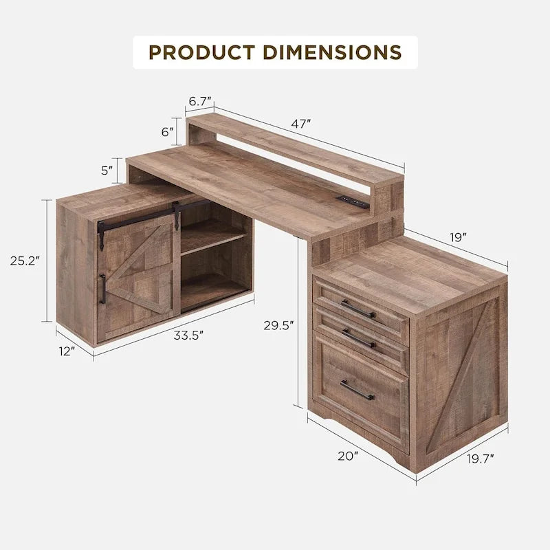 Bureau de style ferme avec classeur, support d'écran et station de charge — 168,4 cm L