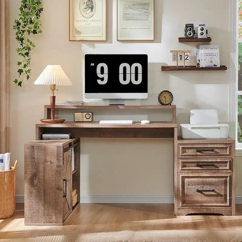Bureau de style ferme avec classeur, support d'écran et station de charge — 168,4 cm L