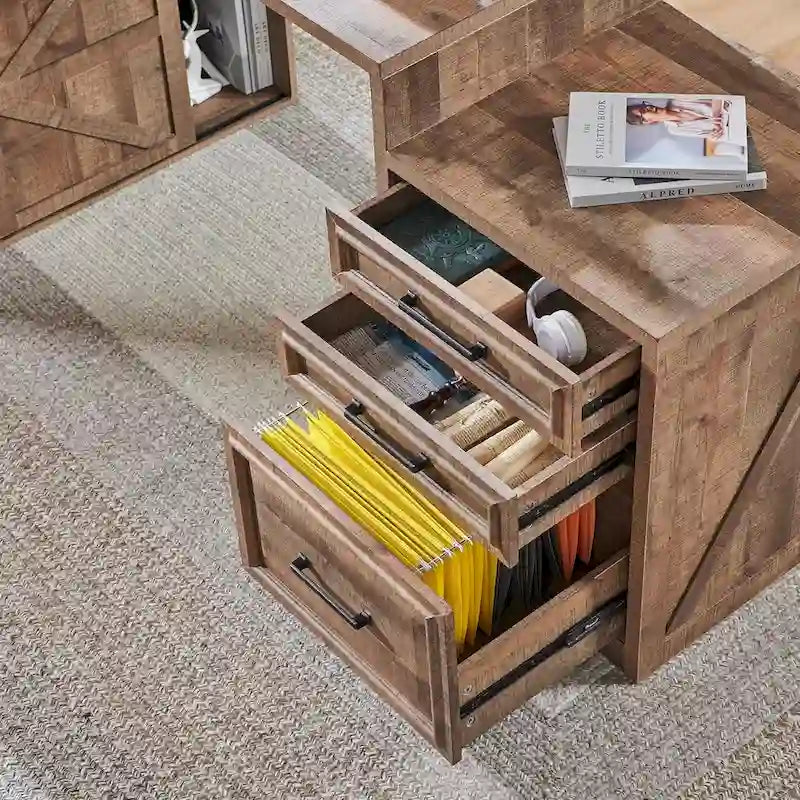 Bureau de style ferme avec classeur, support d'écran et station de charge — 168,4 cm L