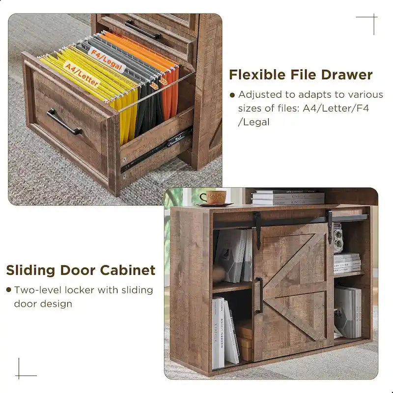 Bureau de style ferme avec classeur, support d'écran et station de charge — 168,4 cm L