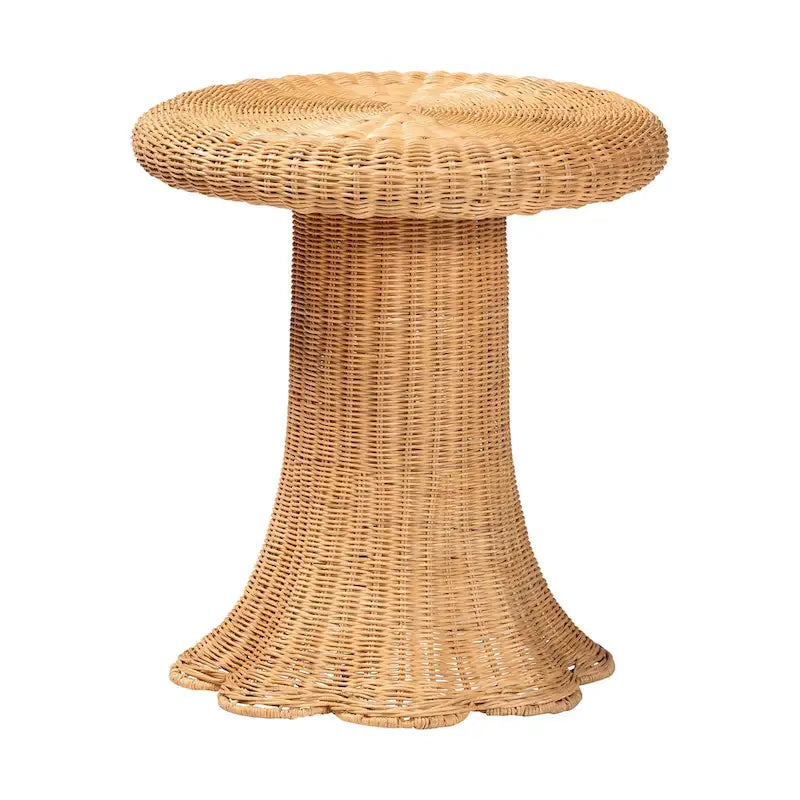 Table d'appoint ronde en rotin naturel tressé avec base à piédestal festonnée