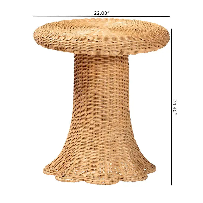 Table d'appoint ronde en rotin naturel tressé avec base à piédestal festonnée