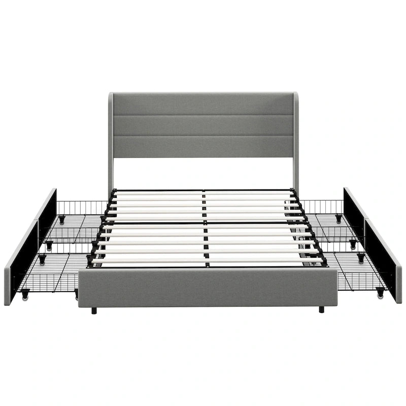 Lit rembourré de taille Queen avec 4 tiroirs de rangement et tête de lit en lin