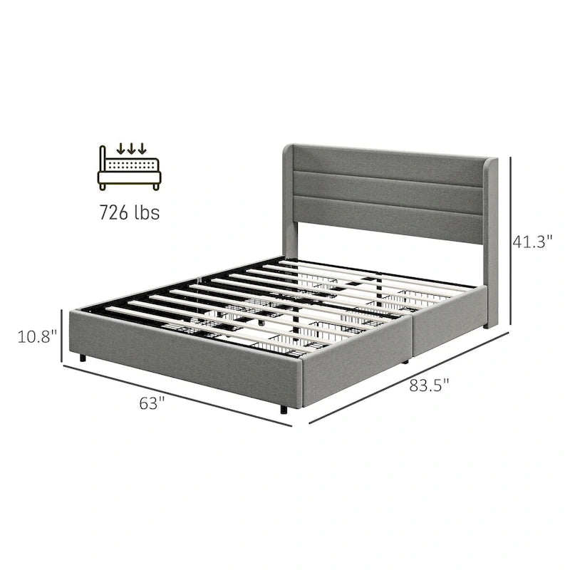 Lit rembourré de taille Queen avec 4 tiroirs de rangement et tête de lit en lin