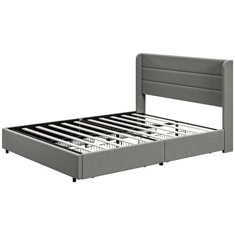 Lit rembourré de taille Queen avec 4 tiroirs de rangement et tête de lit en lin