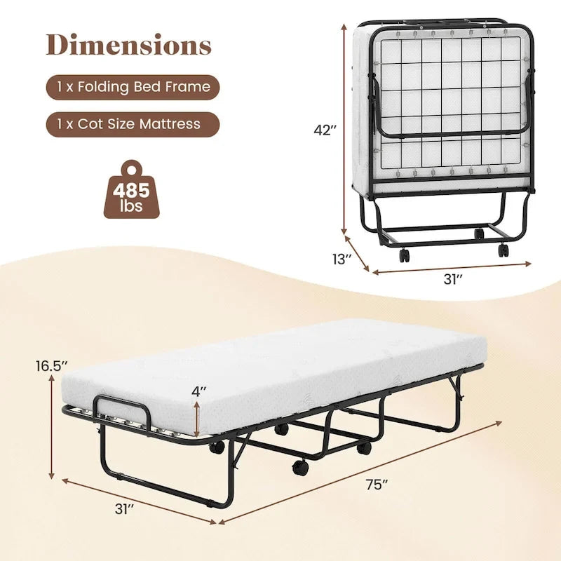 Lit pliant d'appoint avec matelas en mousse à mémoire de forme et gel – Taille jumeau