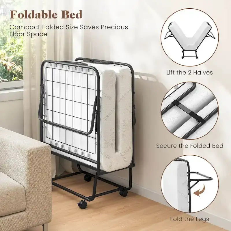 Lit pliant d'appoint avec matelas en mousse à mémoire de forme et gel – Taille jumeau
