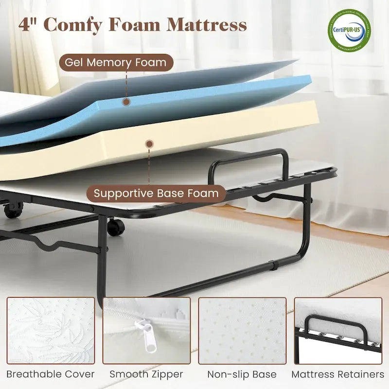 Lit pliant d'appoint avec matelas en mousse à mémoire de forme et gel – Taille jumeau
