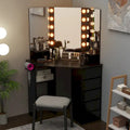 Coiffeuse d'angle avec miroir LED, 5 tiroirs et prises de chargement intégrées