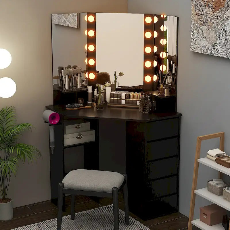Coiffeuse d'angle avec miroir LED, 5 tiroirs et prises de chargement intégrées