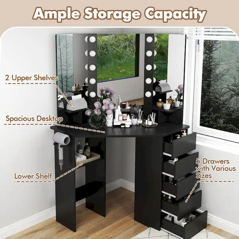 Coiffeuse d'angle avec miroir LED, 5 tiroirs et prises de chargement intégrées