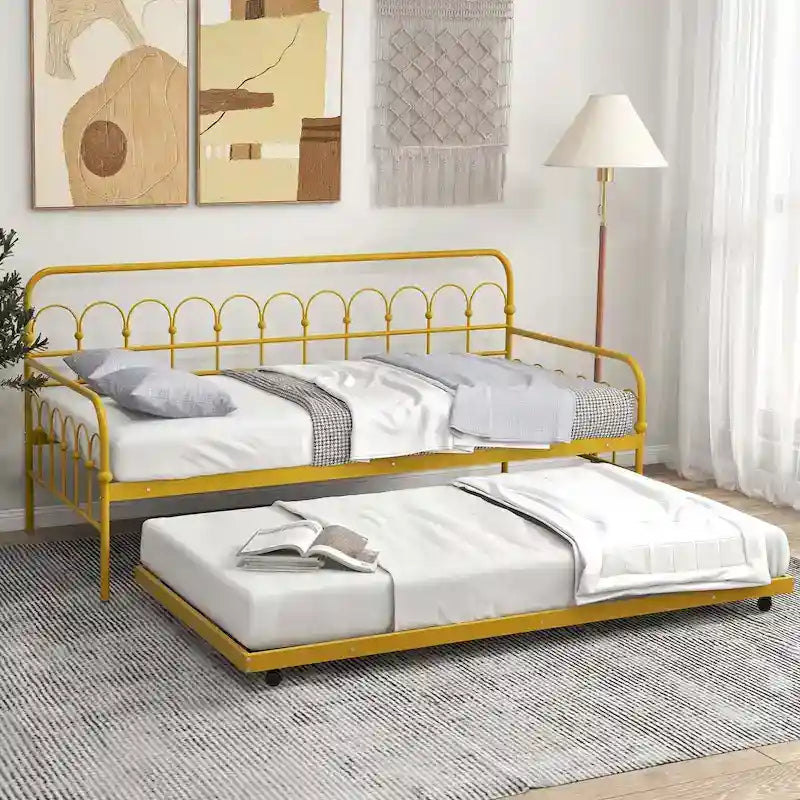 Lit de repos double en métal avec lit gigogne escamotable – Lit 2-en-1 compact