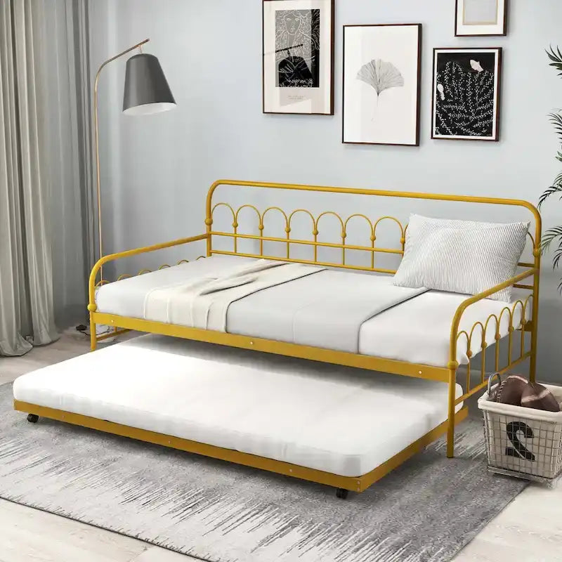 Lit de repos double en métal avec lit gigogne escamotable – Lit 2-en-1 compact