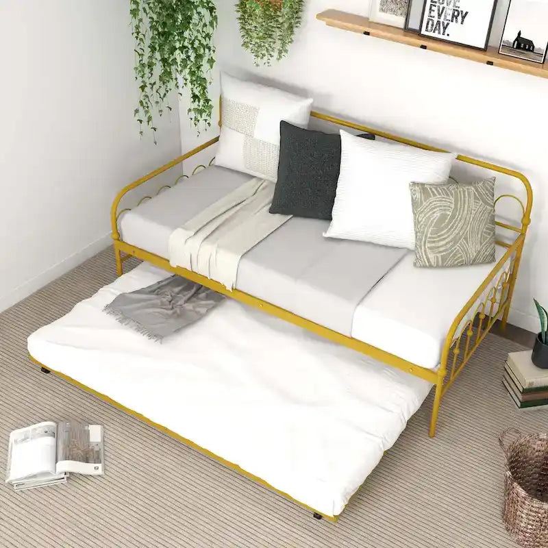 Lit de repos double en métal avec lit gigogne escamotable – Lit 2-en-1 compact