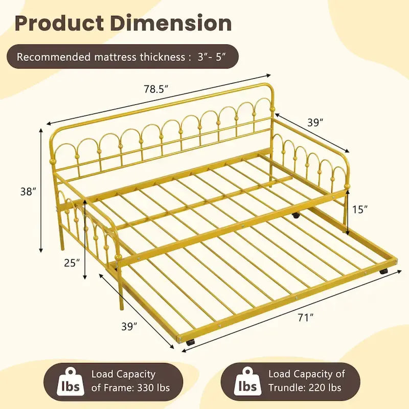 Lit de repos double en métal avec lit gigogne escamotable – Lit 2-en-1 compact