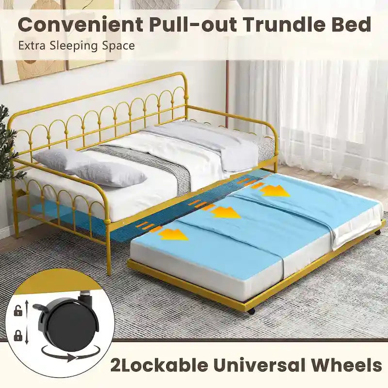 Lit de repos double en métal avec lit gigogne escamotable – Lit 2-en-1 compact
