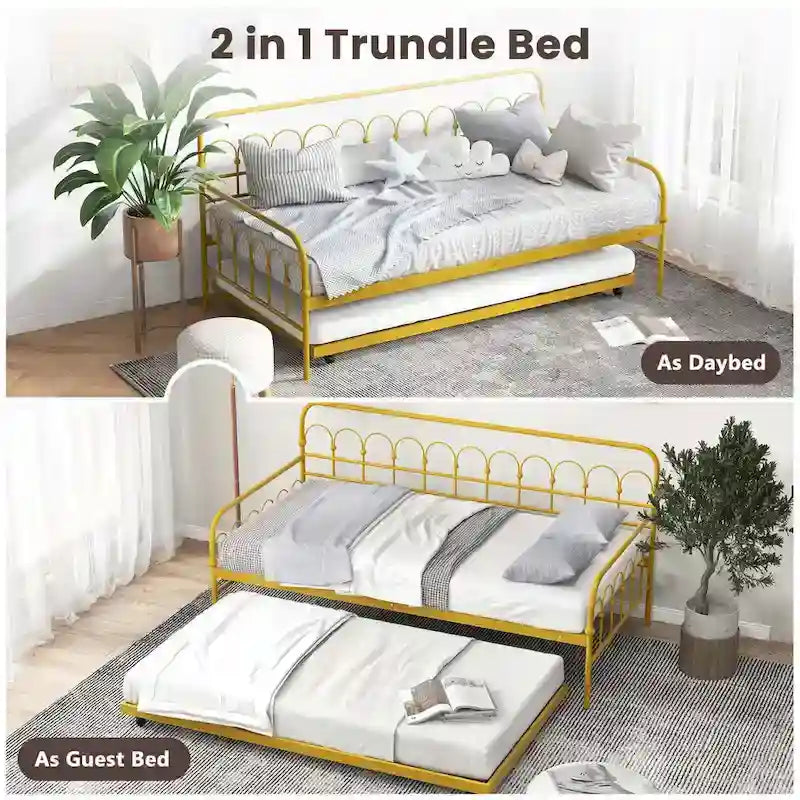 Lit de repos double en métal avec lit gigogne escamotable – Lit 2-en-1 compact