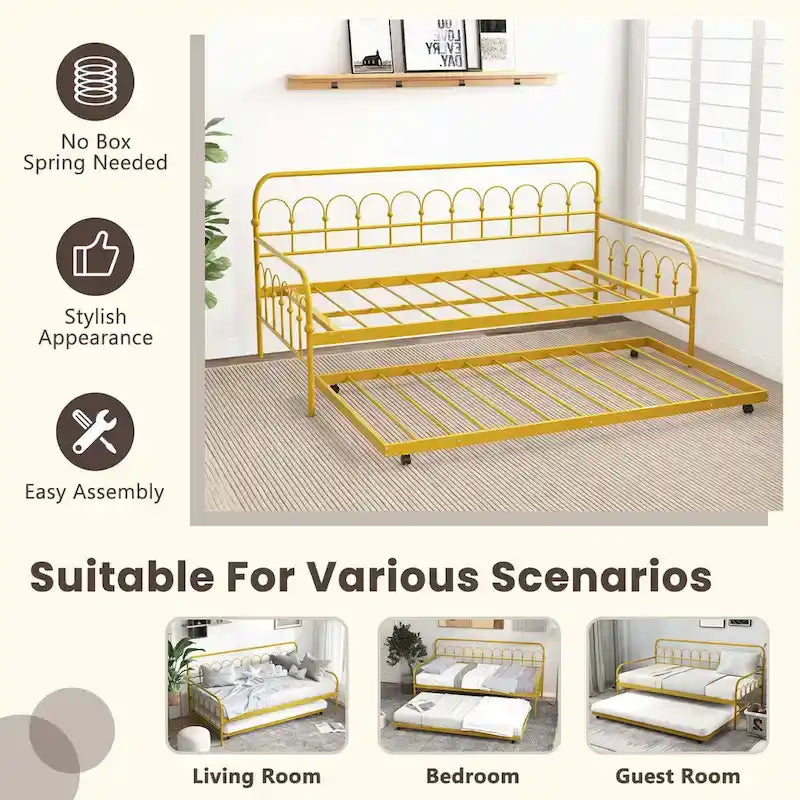 Lit de repos double en métal avec lit gigogne escamotable – Lit 2-en-1 compact