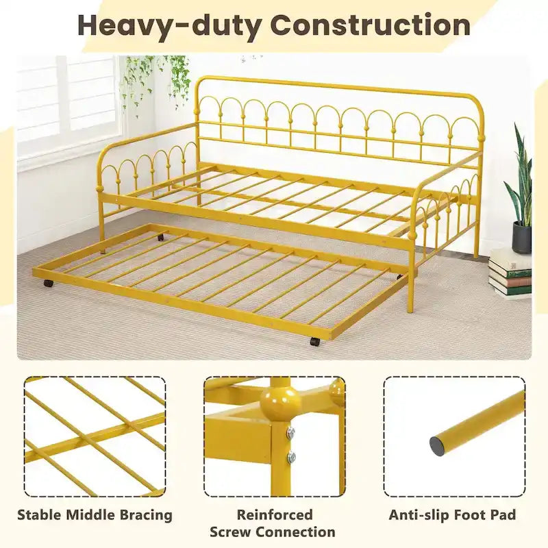 Lit de repos double en métal avec lit gigogne escamotable – Lit 2-en-1 compact