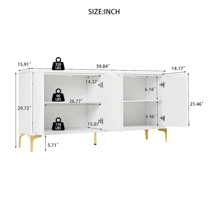 Buffet bahut en placage de bois de 60 po avec 4 portes à ouverture par pression