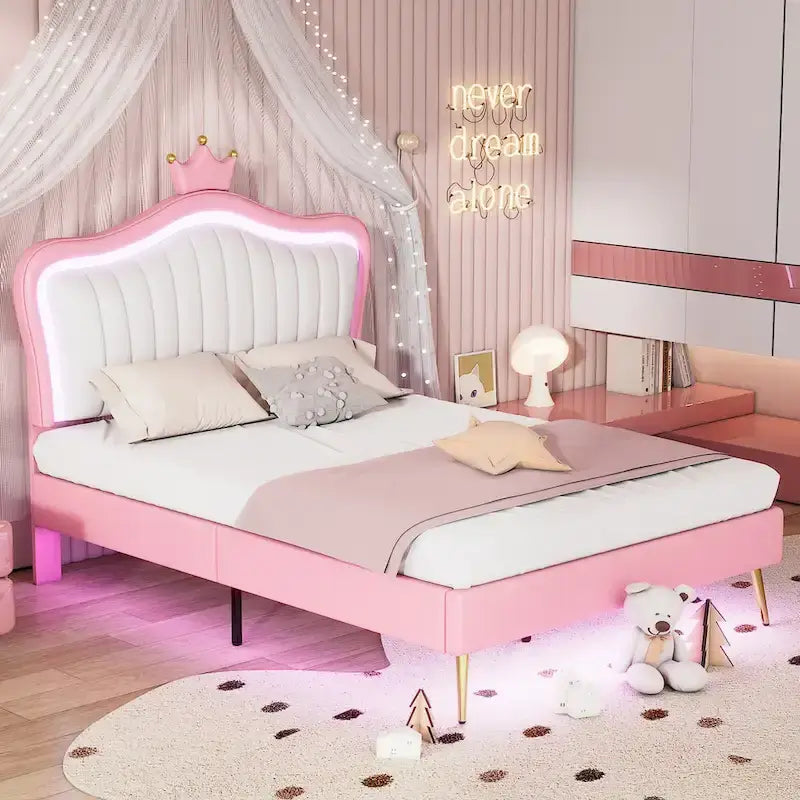 Lit plateforme avec tête de lit couronne et lumières LED — Rose, Grand lit, Capacité de 272 kg