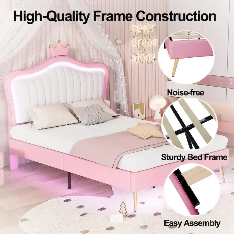 Lit plateforme avec tête de lit couronne et lumières LED — Rose, Grand lit, Capacité de 272 kg