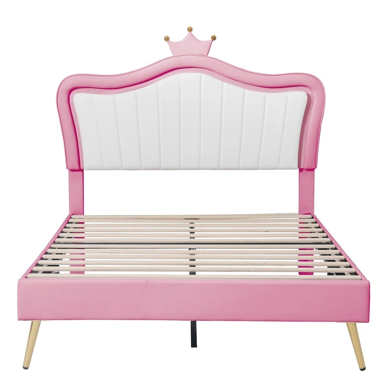 Lit plateforme avec tête de lit couronne et lumières LED — Rose, Grand lit, Capacité de 272 kg