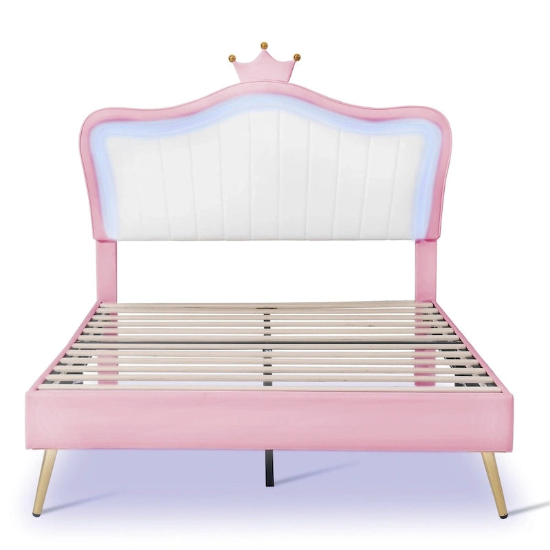 Lit plateforme avec tête de lit couronne et lumières LED — Rose, Grand lit, Capacité de 272 kg