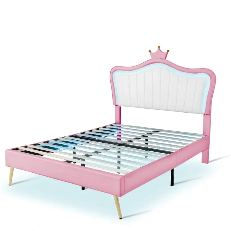 Lit plateforme avec tête de lit couronne et lumières LED — Rose, Grand lit, Capacité de 272 kg