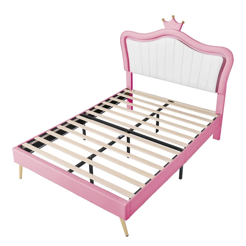 Lit plateforme avec tête de lit couronne et lumières LED — Rose, Grand lit, Capacité de 272 kg