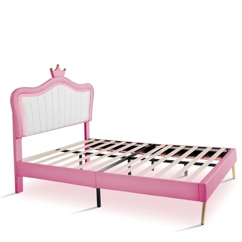 Lit plateforme avec tête de lit couronne et lumières LED — Rose, Grand lit, Capacité de 272 kg