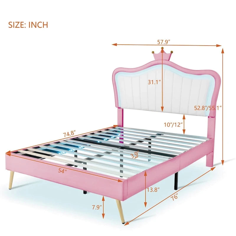 Lit plateforme avec tête de lit couronne et lumières LED — Rose, Grand lit, Capacité de 272 kg
