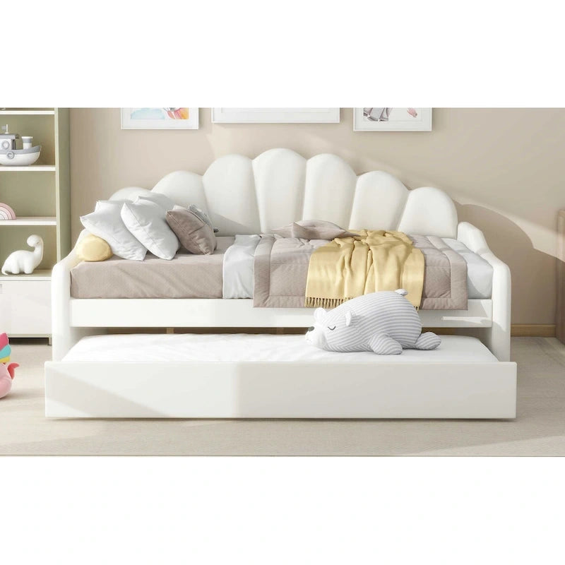 Lit de repos double rembourré avec dossier en forme de coquille et lit gigogne — Velours, Blanc