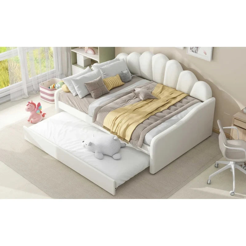 Lit de repos double rembourré avec dossier en forme de coquille et lit gigogne — Velours, Blanc