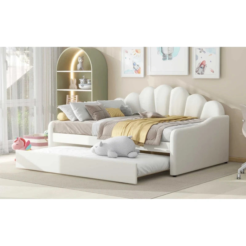 Lit de repos double rembourré avec dossier en forme de coquille et lit gigogne — Velours, Blanc