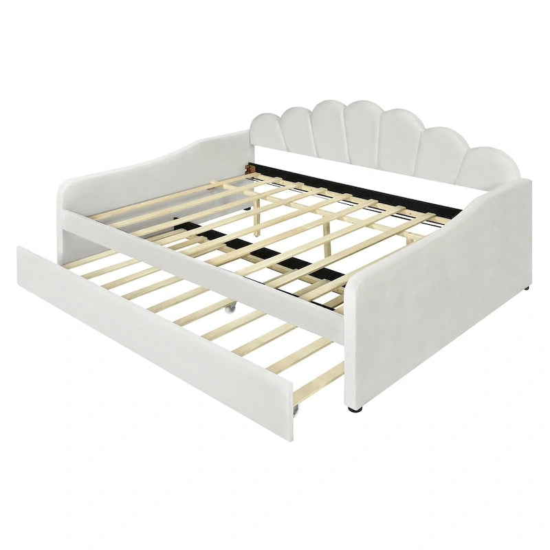 Lit de repos double rembourré avec dossier en forme de coquille et lit gigogne — Velours, Blanc