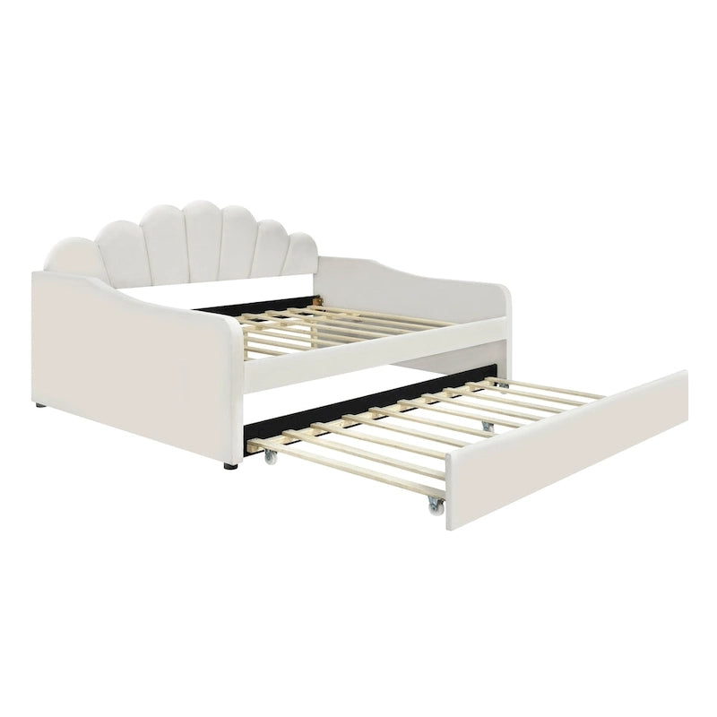 Lit de repos double rembourré avec dossier en forme de coquille et lit gigogne — Velours, Blanc